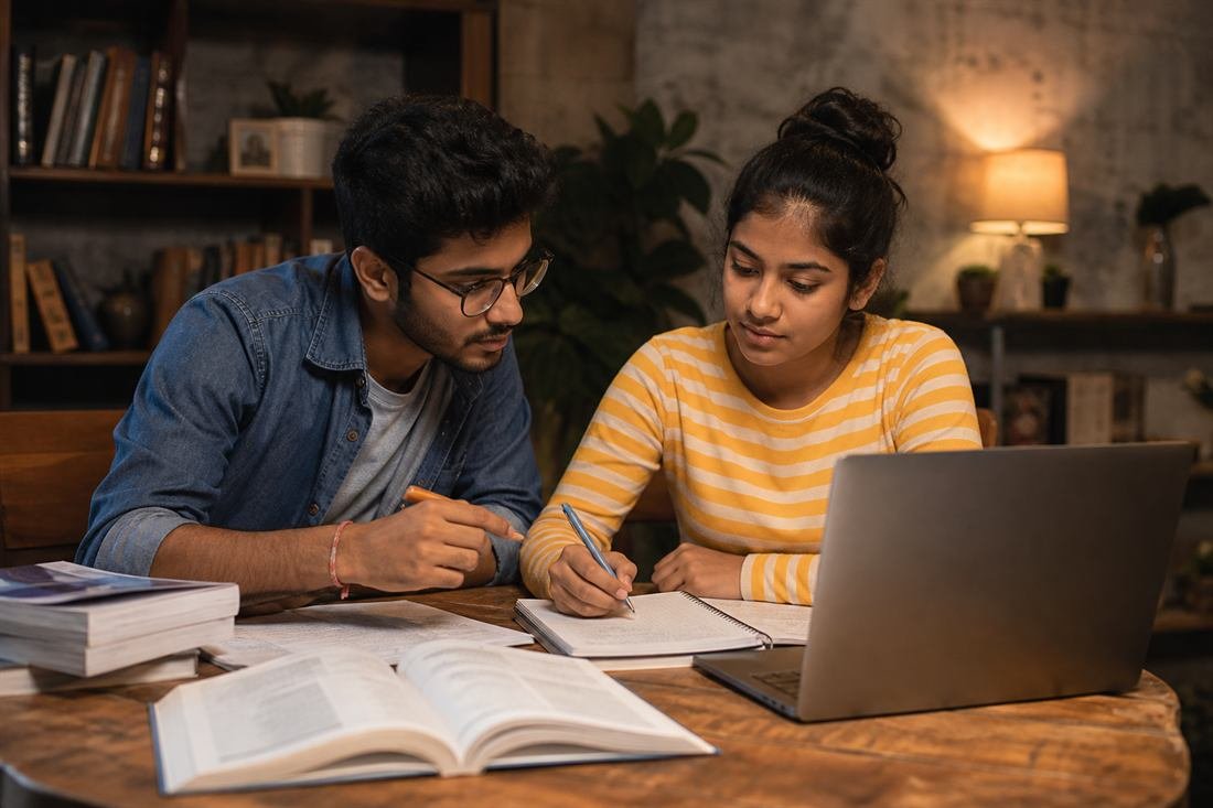 Students preparing together with books and a laptop