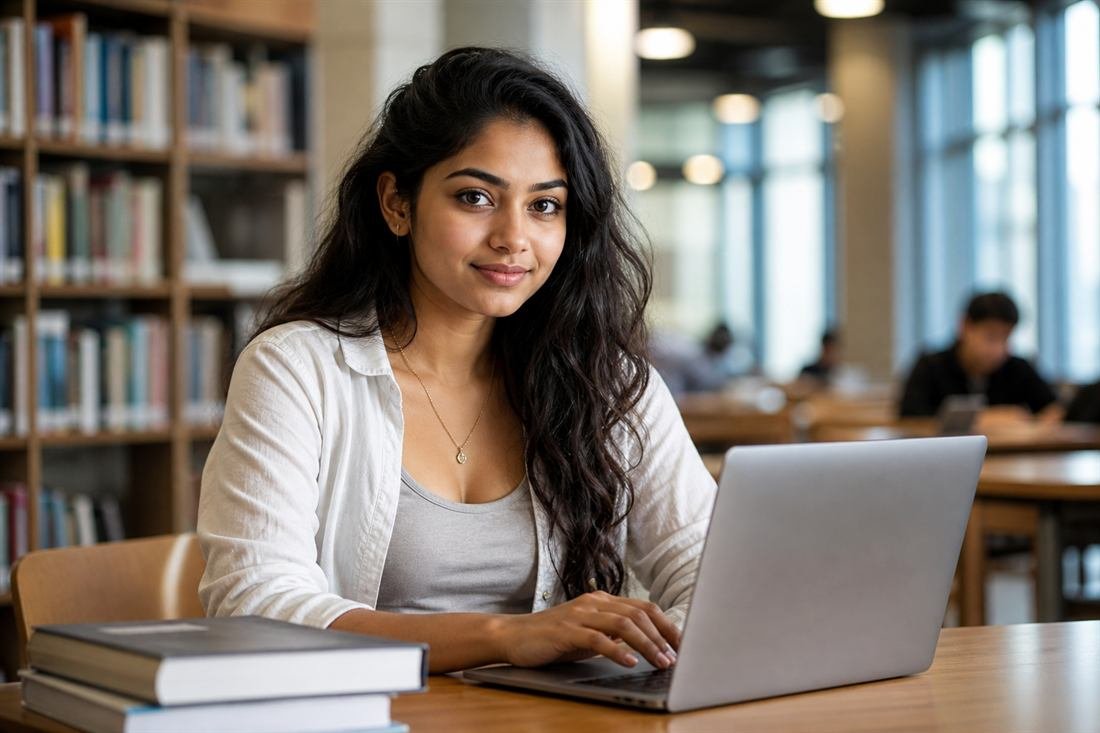 College student studying on a laptop in a bright library